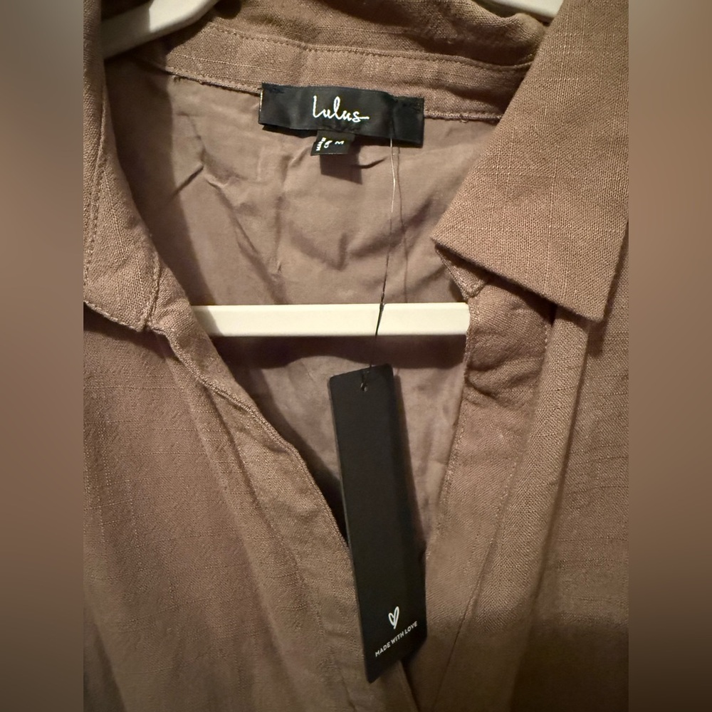NWT Lulus Italian Summer Olive Green Linen Button-Up Short Sleeve Dress Size M - Picture 5 of 6